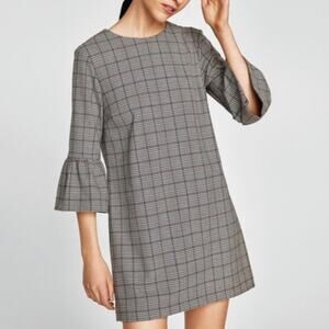 Zara Black & White Glen Check Plaid Long Sleeve Bell Sleeve Dress Medium